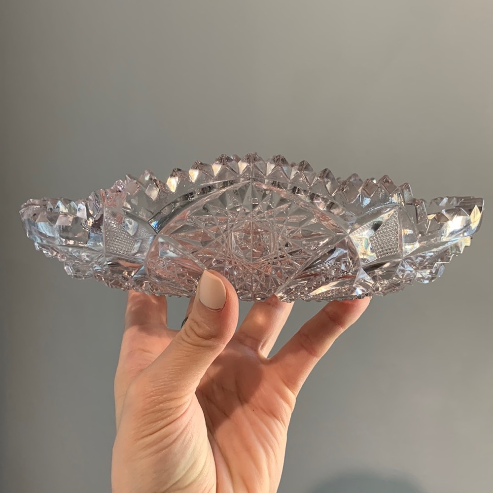vintage cut etched jagged edged pink bowl